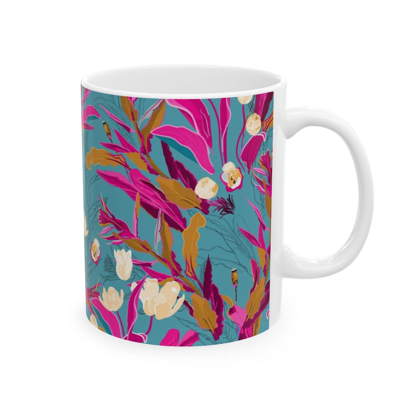 Teal Floral Ceramic Mug — 11oz