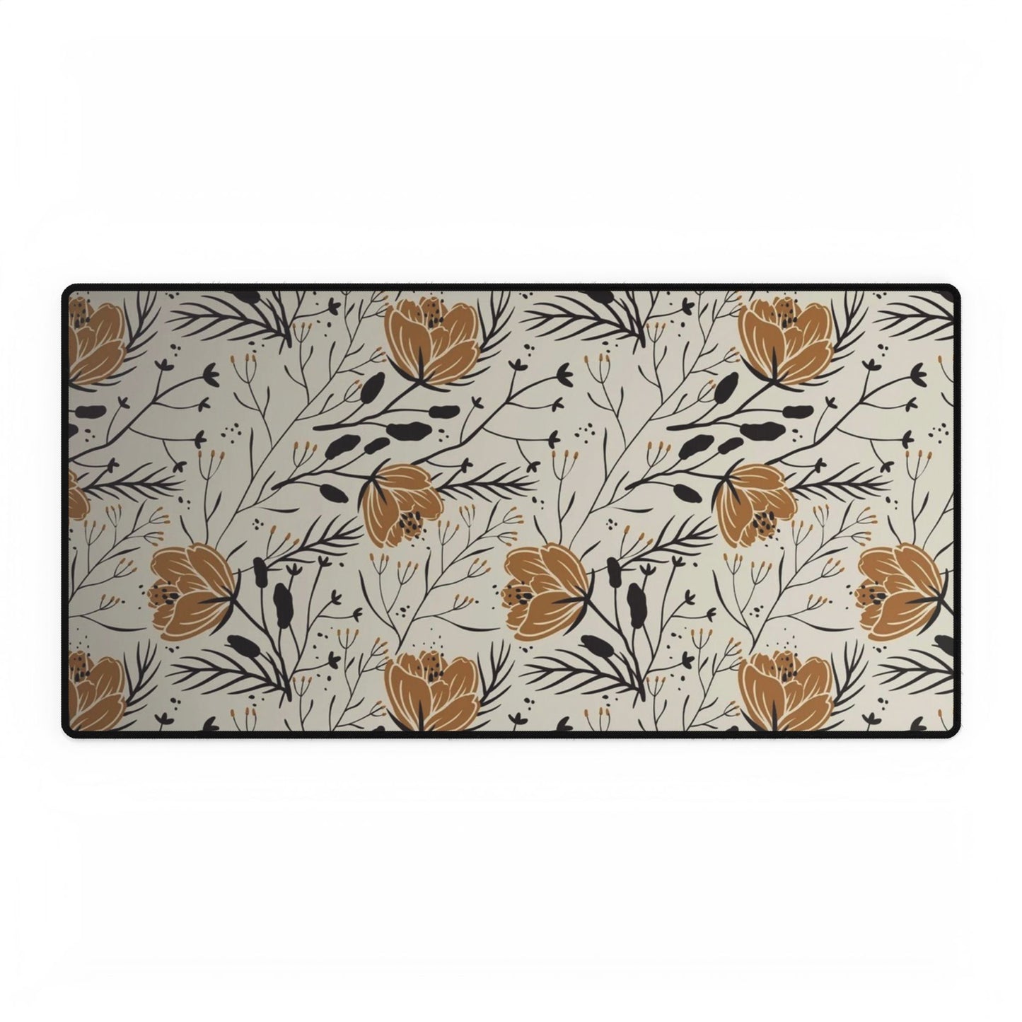 Golden Botanical Floral Desk Mat | Large Desk Pad, Neutral Flower Pattern