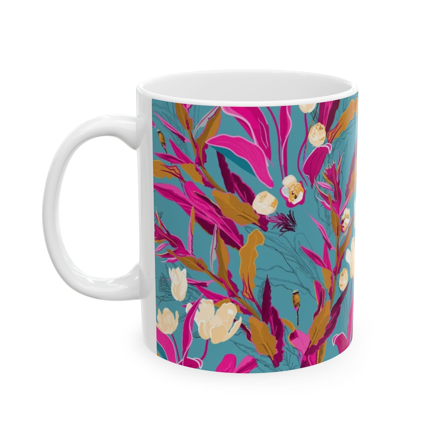Teal Floral Ceramic Mug — 11oz