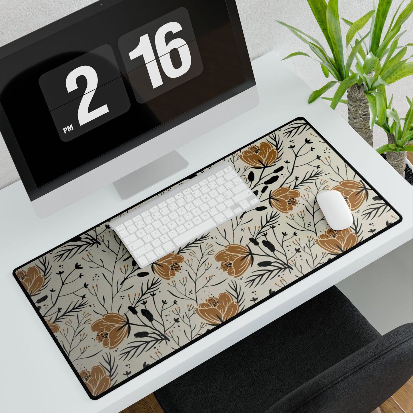 Golden Botanical Floral Desk Mat | Large Desk Pad, Neutral Flower Pattern