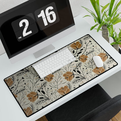 Golden Botanical Floral Desk Mat | Large Desk Pad, Neutral Flower Pattern