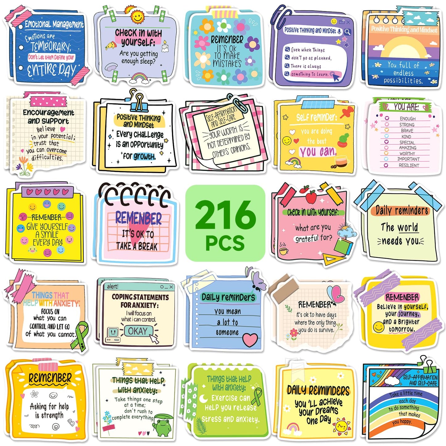 216 Pcs Mental Health Awareness Stickers Reminder Decals Positive Affirmation Stickers for Adults Psychology Mindfulness Stickers for Journal Scrapbook Diary Planner Laptop