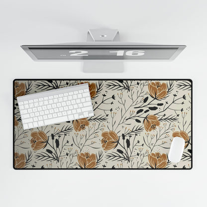 Golden Botanical Floral Desk Mat | Large Desk Pad, Neutral Flower Pattern